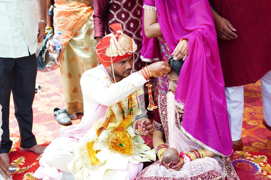 indian bridegroom bride practising wedding ceremony traditional hindu marriage ritual